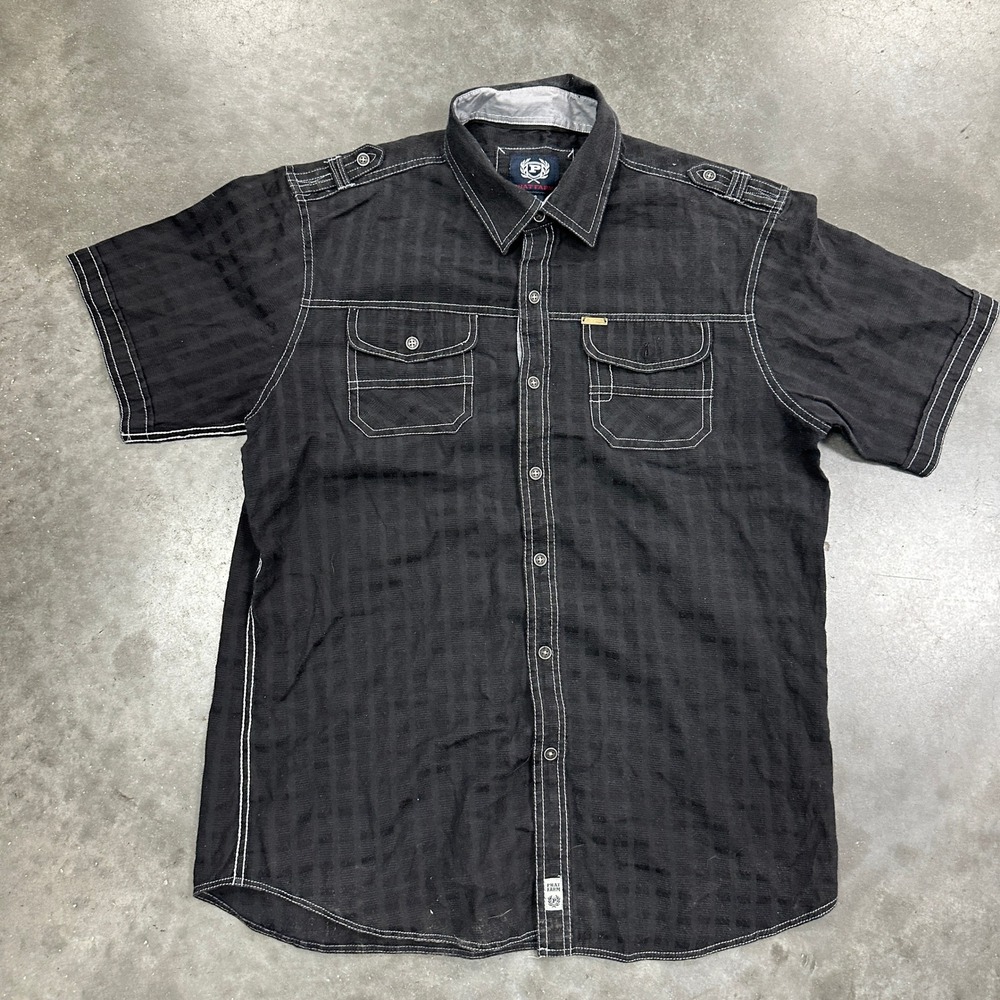 Vtg Phat Farm Mens Black Short Sleeve Button Down Shirt White Stitch Large